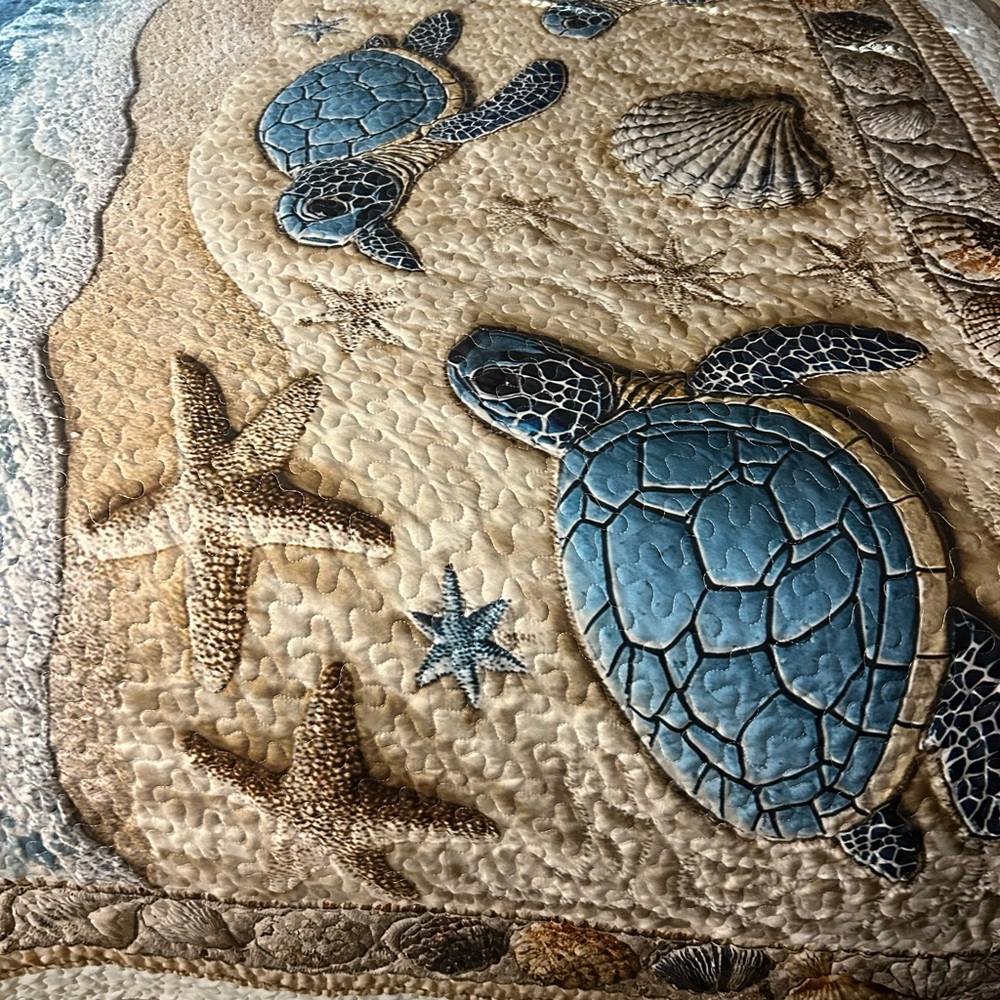 Sea Turtle Quilted Bedspread in Blue and Tan - Picture 2 of 14
